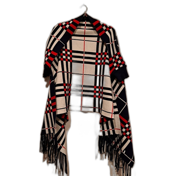 Cherie Bliss Shaw Scarf Shrug sweater top, plaid with fringe womens one size - Picture 3 of 8